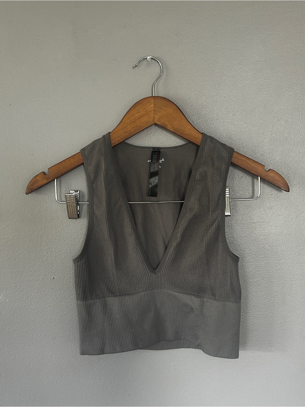 Out From Under for Urban Outfitters Ribbed Deep V Crop Tank Top Gray Medium